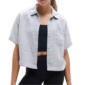 Athleta Linen Retreat Short Sleeve Button-Up Shirt Size Small Crop Storm Cloud